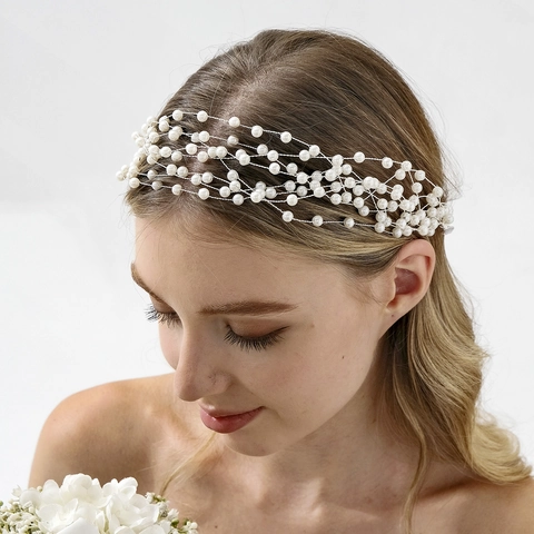 Diadema Elegante de Perlas Artificiales Multicapa Vintage Hilo de Cobre Diadema de Novia Plateada Accesorios de Fiesta de Boda para Mujeres Niños
