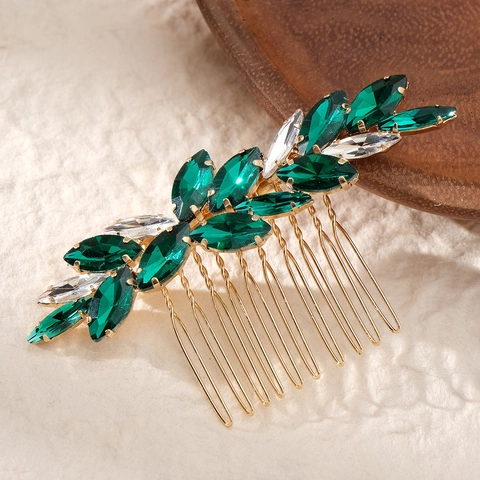 Peigne à Cheveux de Mariée en Alliage Strass Forme de Feuille Accessoire Cheveux Mariage pour Femmes Or Rouge Vert Cristal