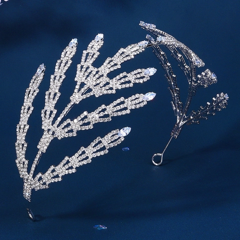 Diadème de Mariage en Strass Argent de Luxe Couronne de Mariée Élégante Branche de Feuille pour Femmes Fête Banquet Accessoires Cheveux