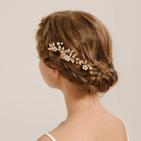 Bastoncino per Capelli Fatto a Mano in Lega con Perle Artificiali e Fiori Foglia d'Oro Strass Gioielli da Sposa per Donna