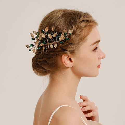 Pettine per Capelli da Sposa in Cristallo Verde Fatto a Mano Vintage Foglia d'Oro Copricapo da Sposa Strass Stile Foresta per Donna
