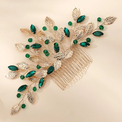 Pettine per Capelli da Sposa in Cristallo Verde Fatto a Mano Vintage Foglia d'Oro Copricapo da Sposa Strass Stile Foresta per Donna
