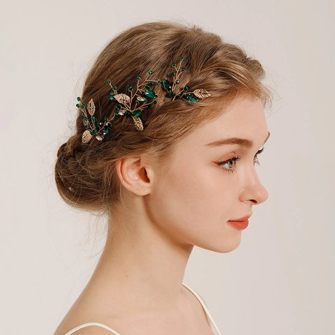 Bacchette per Capelli a Foglia in Lega d'Oro Vintage con Strass Verde Smeraldo Fatte a Mano per Matrimonio Sposa Gioielli Donna