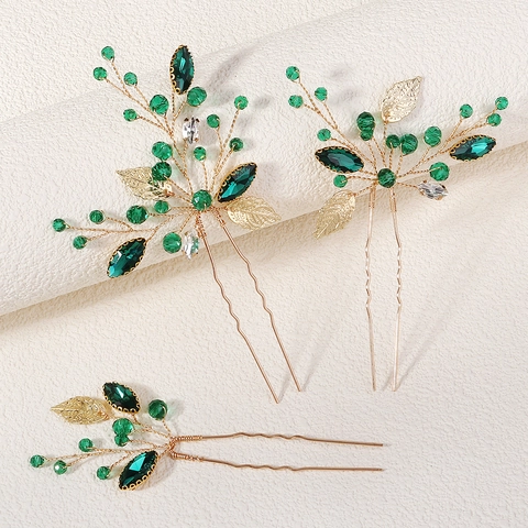 Bacchette per Capelli a Foglia in Lega d'Oro Vintage con Strass Verde Smeraldo Fatte a Mano per Matrimonio Sposa Gioielli Donna