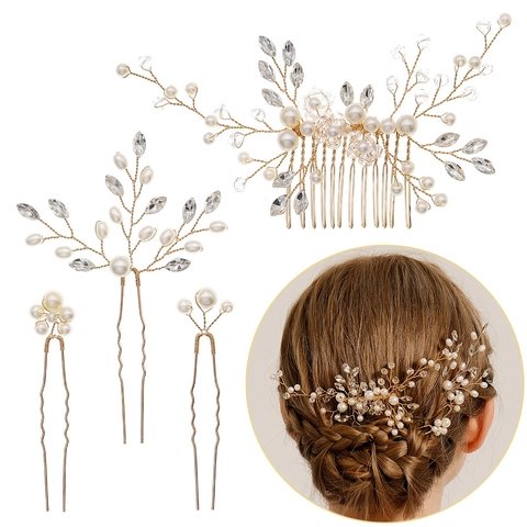 Set Accessori Capelli Sposa Fatto a Mano Lega Oro Strass Perla Artificiale Pettine per Capelli Forcine per Matrimonio Donna
