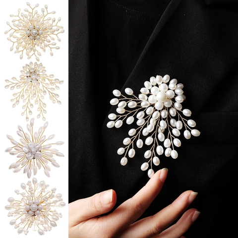 Broche de Flor de Perlas Artificiales Hecho a Mano para Mujer Lujo Elegante Vestido de Novia Traje Corsage Pin Oro Alambre de Cobre Tejido Joyería
