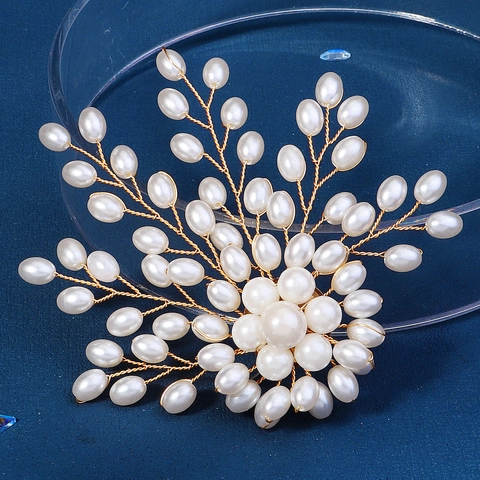 Broche de Flor de Perlas Artificiales Hecho a Mano para Mujer Lujo Elegante Vestido de Novia Traje Corsage Pin Oro Alambre de Cobre Tejido Joyería