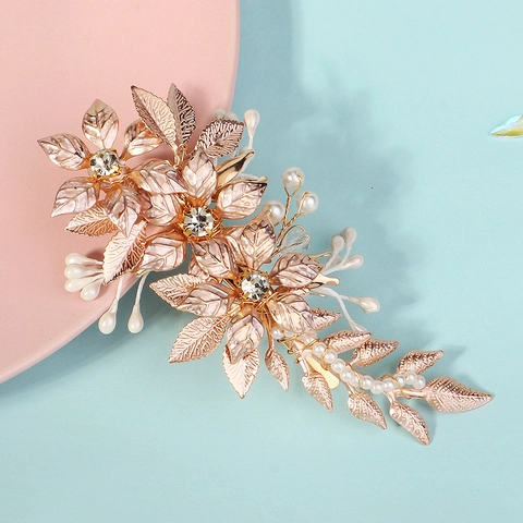 Handgemaakte Legering Bloem Blad Haarclip Met Kunstparels En Strass Bruiloft Bruids Elegante Haaraccessoires Voor Dames