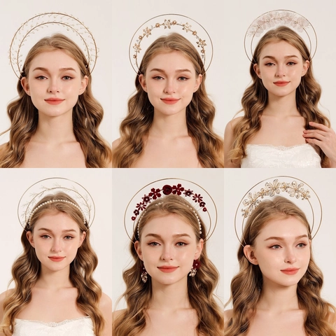 Diadema Corona Halo Vintage Perlas Artificiales de Imitación Hechas a Mano Alambre de Cobre Oro Tiara para Mujer Boda Fiesta Foto