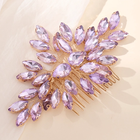 Vintage Orecchini a Pettine da Sposa con Strass Viola Foglia in Lega Dorata Pettine Laterale per Matrimonio Donna Gioielli