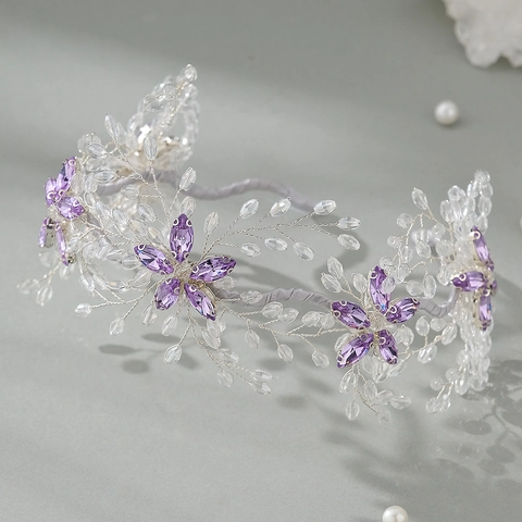 Cerchietto Sposa Intrecciato a Mano con Fiori in Strass Viola Filo di Rame Argentato Cristallo Acrilico Accessori Capelli Matrimonio