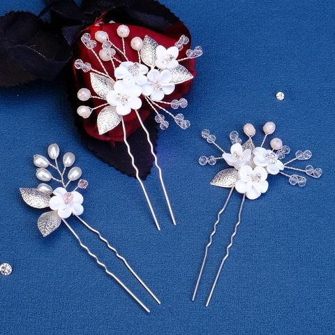 Vintage Handgefertigte Polymer Ton Blume Haarnadeln Elegante Künstliche Perle Kristall Haarspangen Braut Hochzeit Kopfschmuck Haarschmuck