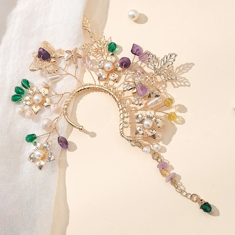 Orecchino a Clip Ear Cuff Fatto a Mano Fiori Farfalla Lega Placcata Oro Ametista Perla Artificial Senza Buco per Matrimonio Festa Donna Gioielli Eleganti Stile Foresta