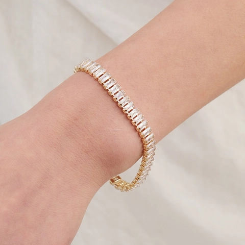Bracciale Tennis in Lega Placcato Oro di Lusso con Zirconia Taglio Baguette per Donna Gioielli da Sposa Scintillanti