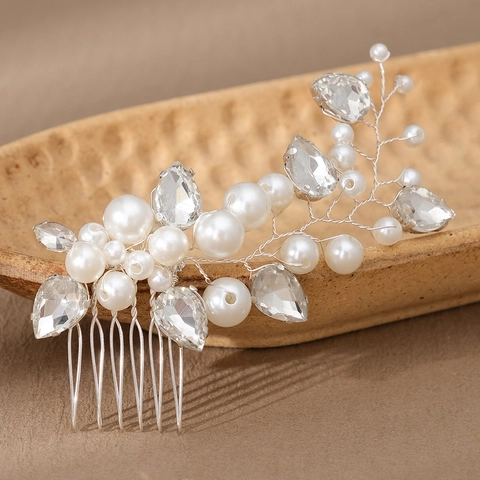 Peigne à Cheveux Mariée Fait à la Main Alliage Strass Imitation Künstliche Perle Accessoire Mariage Style Rétro Feuille Bijoux
