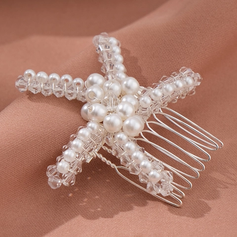 Peineta de Novia de Estrella de Mar Hecha a Mano Perla Artificial de Imitación Blanca Cristal Acrílico Transparente Aleación de Plata Accesorios para el Cabello de Boda Mujer