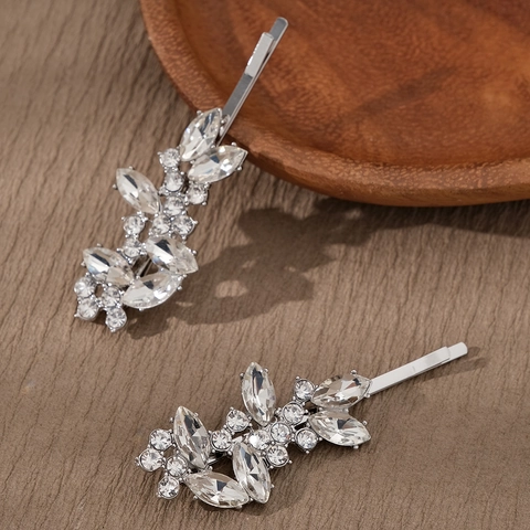 Elegant Alloy Rhinestone Leaf Flower Hair Clips For Women Silver Side Hairpins Wedding Party Fashion Hair Accessories