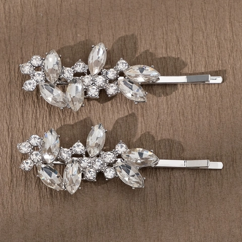 Elegant Alloy Rhinestone Leaf Flower Hair Clips For Women Silver Side Hairpins Wedding Party Fashion Hair Accessories
