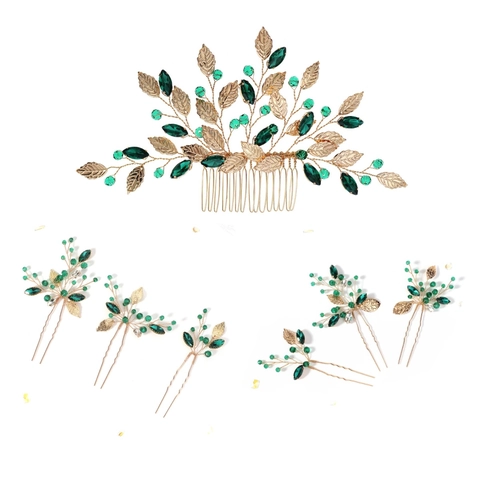 Vintage Gold Leaf Rhinestone Bridal Hair Comb And Hairpins Handmade Green Crystal Wedding Headpiece For Women Party Jewelry