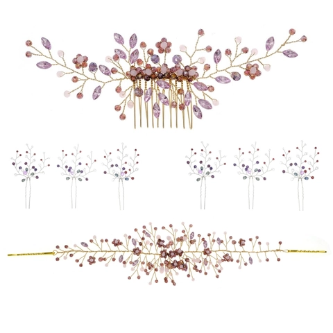 Peine de Pelo de Novia de Cristal Púrpura Diamantes de Imitación Hecho a Mano Horquillas Florales para Boda Banquete Fiesta Mujer Joyería Oro Plata