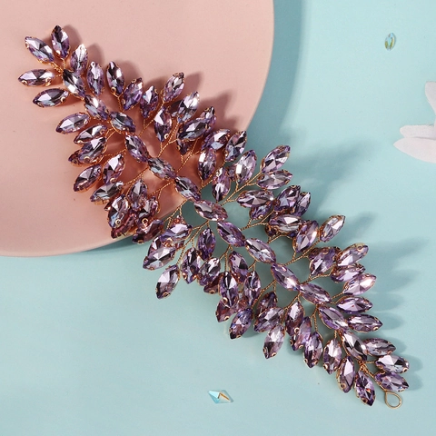 Luxus Lila Strass Braut Haarranke Handgefertigt Gold Blatt Hochzeit Kopfschmuck Elegante Kristall Haarschmuck Für Damen