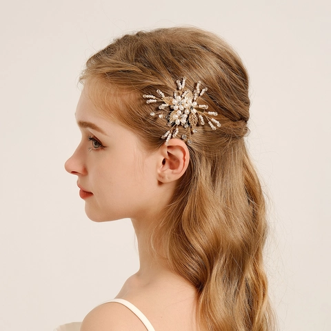Fermaglio per Capelli Fatto a Mano con Fiori in Künstliche Perle Imitazione Foglie Oro Strass Vintage Accessorio Sposa per Donne