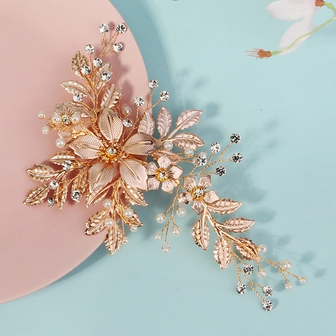 Lussuoso Fermaglio per Capelli in Lega Dorata a Forma di Fiore Con Perle Artificiali Strass Sposa Matrimonio Banchetto Becco di Corvo Gioielli Donna