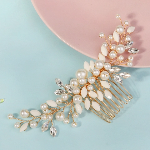 Pettine per Capelli da Sposa a Foglia d'Oro Fatto a Mano Con Perle Artificiali e Strass Lussuosi Gioielli per Capelli Matrimonio Donna