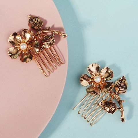Pettini per Capelli a Forma di Fiore in Lega Dorata Vintage Con Perle Artificiali e Strass Accessori Eleganti per Donna