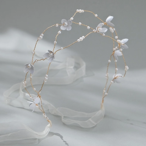 Fascia per Capelli da Sposa con Fiori e Perle Artificiali Filo di Rame Dorato Intrecciata a Mano Fascia Floreale con Nastro Bianco per Matrimonio Donna
