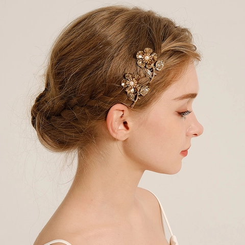 Pettini per Capelli a Forma di Fiore in Lega Dorata Vintage Con Perle Artificiali e Strass Accessori Eleganti per Donna