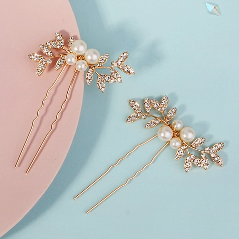Palillos para el Cabello de Hoja de Perla Artificial de Aleación Vintage Strass Boda Novia Horquillas en U Oro Joyería para Mujer