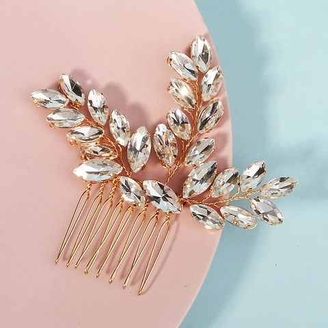 Handmade Leaf Shape Bridal Hair Comb For Women Elegant Gold Alloy Marquise Rhinestone Hair Clip For Wedding Party Banquet Headpiece Jewelry