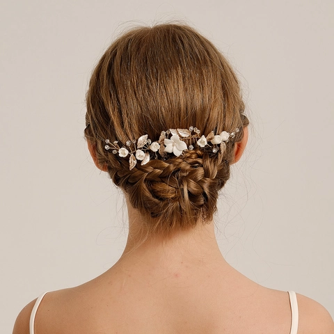 Handgefertigter Braut Haarkamm Weiße Keramik Blume Goldblatt Strass Kopfschmuck Hochzeit Party Damen Romantische Elegante Accessoires