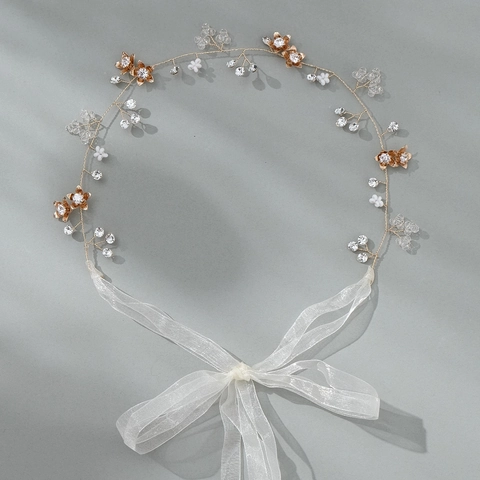 Fascia per Capelli da Sposa Fatta a Mano in Lega d'Oro Floreale Con Perla Artificiale Strass per Matrimonio Donna Gioielli