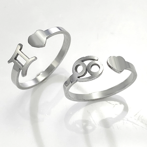Minimalist Stainless Steel 12 Zodiac Signs Open Ring For Women Fashion Heart Adjustable Finger Ring Jewelry Birthday Gift