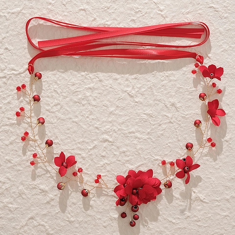 Fascia per Capelli da Sposa con Fiori Rossi Fatta a Mano Stile Cinese Retrò Cristallo Perla Artificiale Nastro Matrimonio