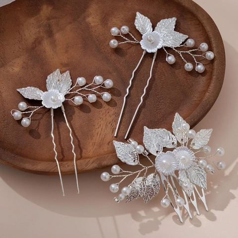 Pettine per Capelli da Sposa e Forcine in Lega d'Argento a Foglia con Perle Artificiali Fatti a Mano Gioielli per Matrimonio Donna