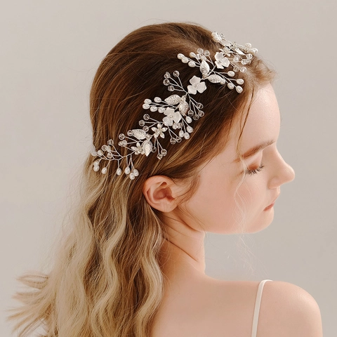 Handgewebtes Silber Legierung Braut Haarband Mit Künstlichen Perlen Strass Vintage Blumen Ranke Kopfschmuck Für Hochzeit Bankett Damen Schmuck
