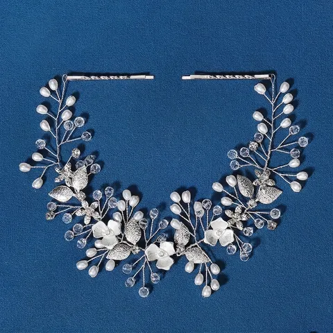 Handgewebtes Silber Legierung Braut Haarband Mit Künstlichen Perlen Strass Vintage Blumen Ranke Kopfschmuck Für Hochzeit Bankett Damen Schmuck