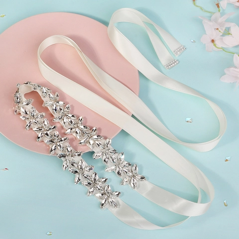 Bridal Wedding Sash Belt Sparkling Rhinestone Crystal Flower Decor White Satin Ribbon For Banquet Evening Dress Accessories