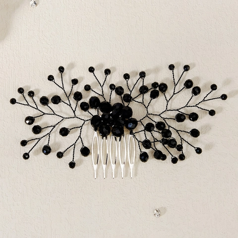 Pettine per Capelli da Sposa Vintage Fatto a Mano in Cristallo Artificiale Nero Fermaglio a Ramo Floreale Gioielli per Donna
