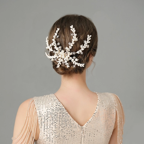 Pettine per Capelli da Sposa Artigianale Lega Perla Artificiale Strass Fiore Foglia Copricapo Matrimonio Elegante Inserto