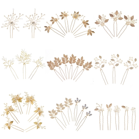 Bastoncini per Capelli da Sposa Vintage Color Oro con Künstliche Perle e Strass a Forma di Fiore e Foglia Gioielli per Matrimonio