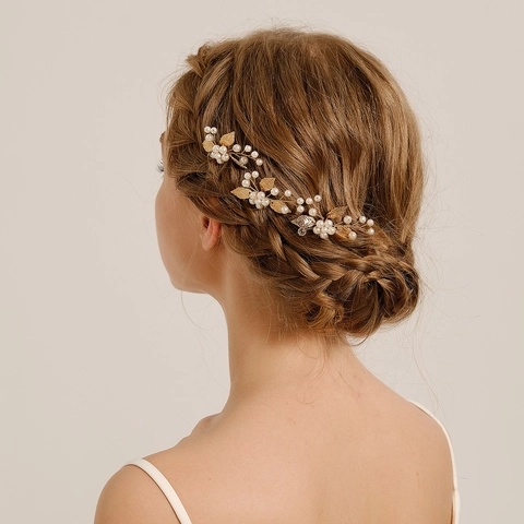 Bastoncini per Capelli da Sposa Vintage Color Oro con Künstliche Perle e Strass a Forma di Fiore e Foglia Gioielli per Matrimonio