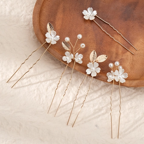 Palillos para el Pelo Vintage Hechos a Mano con Flores y Hojas con Perlas Artificiales Oro Cobre Horquillas en U para Novia Boda Mujer Joyería para el Cabello