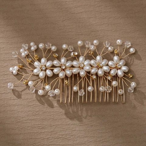 Pettine per Capelli da Sposa in Oro Fatto a Mano Con Strass Cristallo Fiore di Perla Artificiale Copricapo per Matrimonio Festa Donna Accessori
