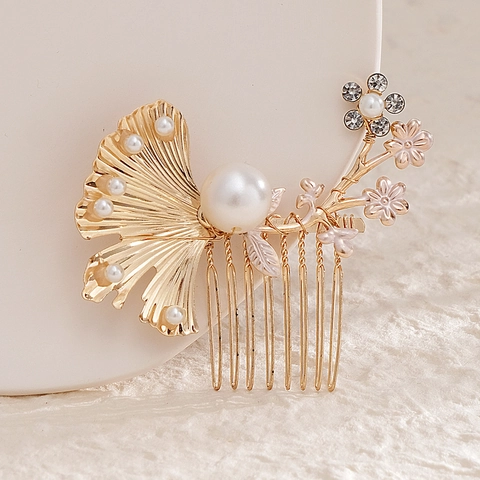 Pettine per Capelli da Sposa in Stile Cinese Vintage Foglia di Ginkgo Oro Lega Perle Artificiali Strass Accessorio per Sposa