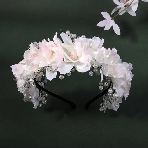 Cerchietto per Capelli in Tessuto Fatto a Mano per Donna Sposa Matrimonio Accessorio con Design Floreale Bianco Rosa Strass Decorazione Stile Foresta Festa Servizio Fotografico