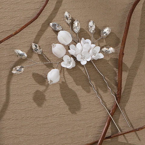 Handgemaakte Keramiek Bloem Haarspeld Strass Retro U-Vormige Haarnadel Voor Bruiloft Bruids Hoofdtooi Vrouwen Sieraden Accessoire